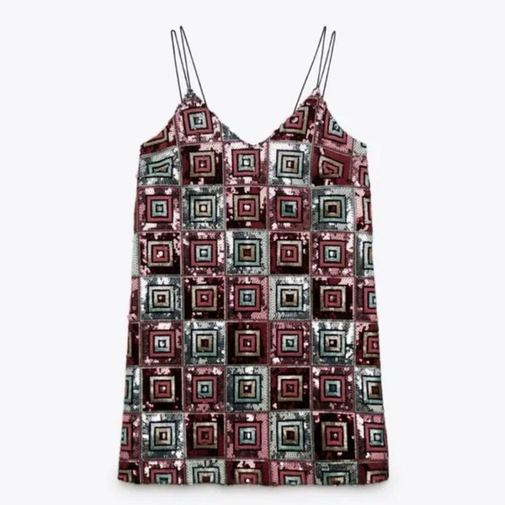 NEW Zara V-Neck Strappy Festive Holiday NYE Square Sequin Mini Dress, Women's XS